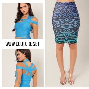 NWT Blue Bandage Knit WOW Couture Strappy Top & Zebra Print Skirt Set